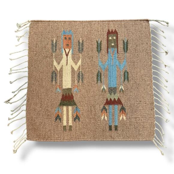 Vintage Yei Figures Corn Stalks Wool Tapestry Rug Tan Handwoven Southwestern 19”